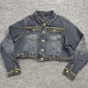 Vtg RVT Jeans Co Cropped Denim Jacket Womens Plus Size 2X Blue Gold Chain Y2K